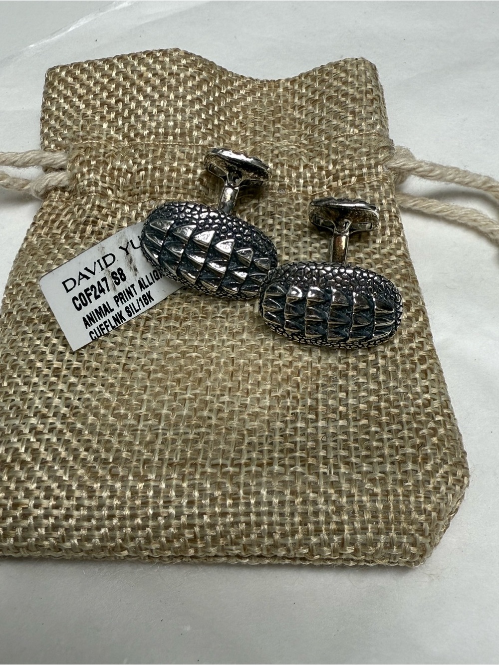 David Yurman Textured Silver Oval Cufflinks with Sculpted Pattern